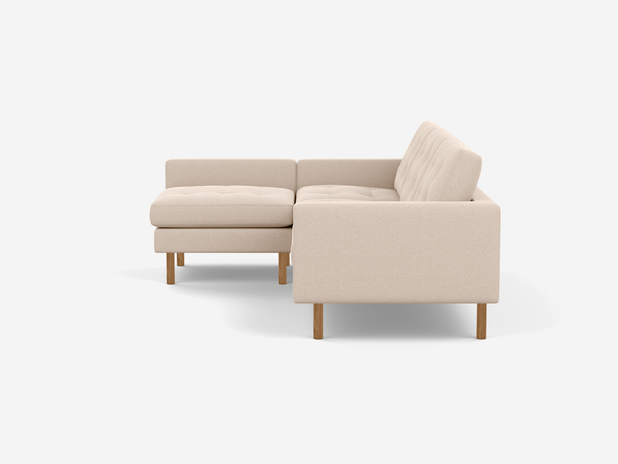 Right side view of beige mid century sectional sofa